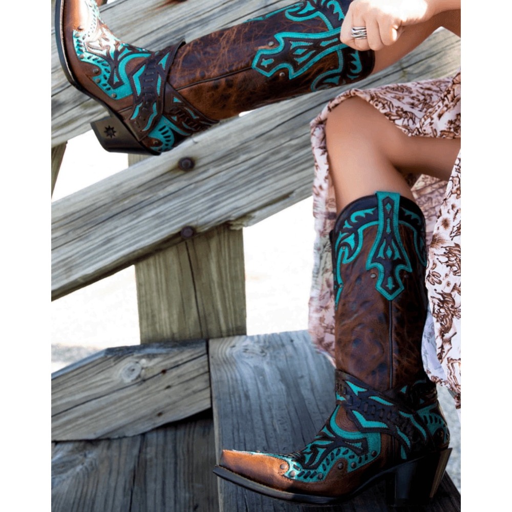 NEW Black Star Womens San Angelo Chocolate Brown Turquoise Cowgirl Boots 7 M